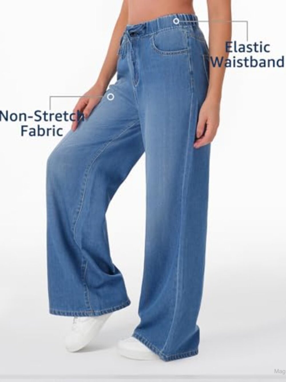 Women's Wide Leg Palazzo Jeans Non-Stretch Loose Fit Elastic Waist Drawstring